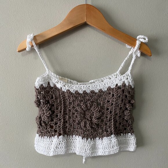 NWT Handmade Crochet White Brown Children's Granny Square Tie Straps Crop Top - Picture 1 of 5